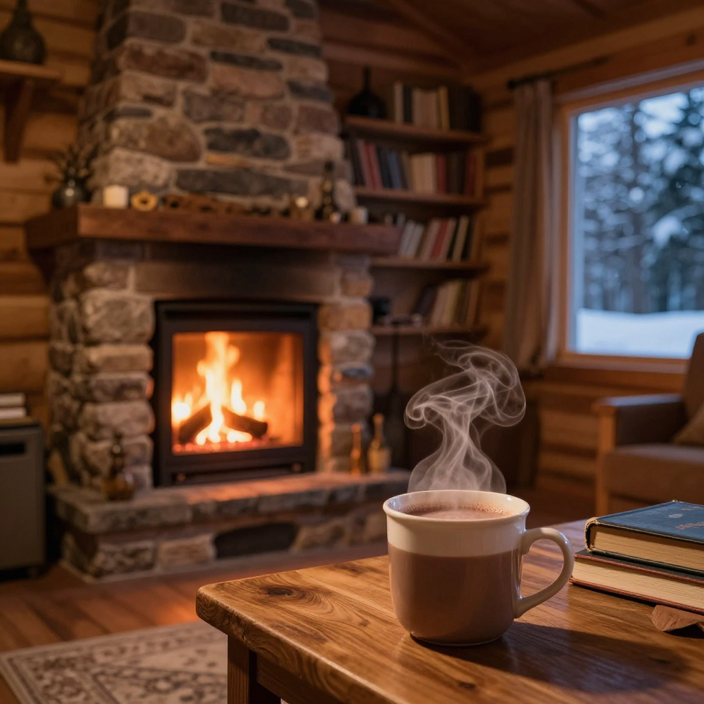 Cozy cabin interior on a snowy evening, fireplace glow, steaming mug of cocoa on a wooden table, bookshelves, warm amber lighting