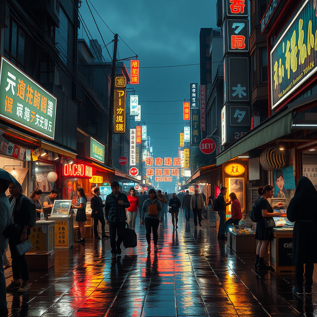 Neon-lit cyberpunk street market at night, rain-soaked pavement reflecting holographic signs, crowded with diverse characters, cinematic atmosphere