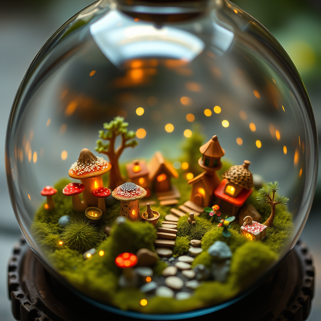 Miniature fantasy village inside a glass terrarium, tiny glowing mushroom houses, magical fireflies, tilt-shift photography style