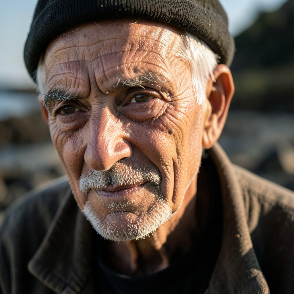 Close-up portrait of an elderly fisherman with weathered skin and kind eyes, dramatic side lighting, shallow depth of field, photorealistic