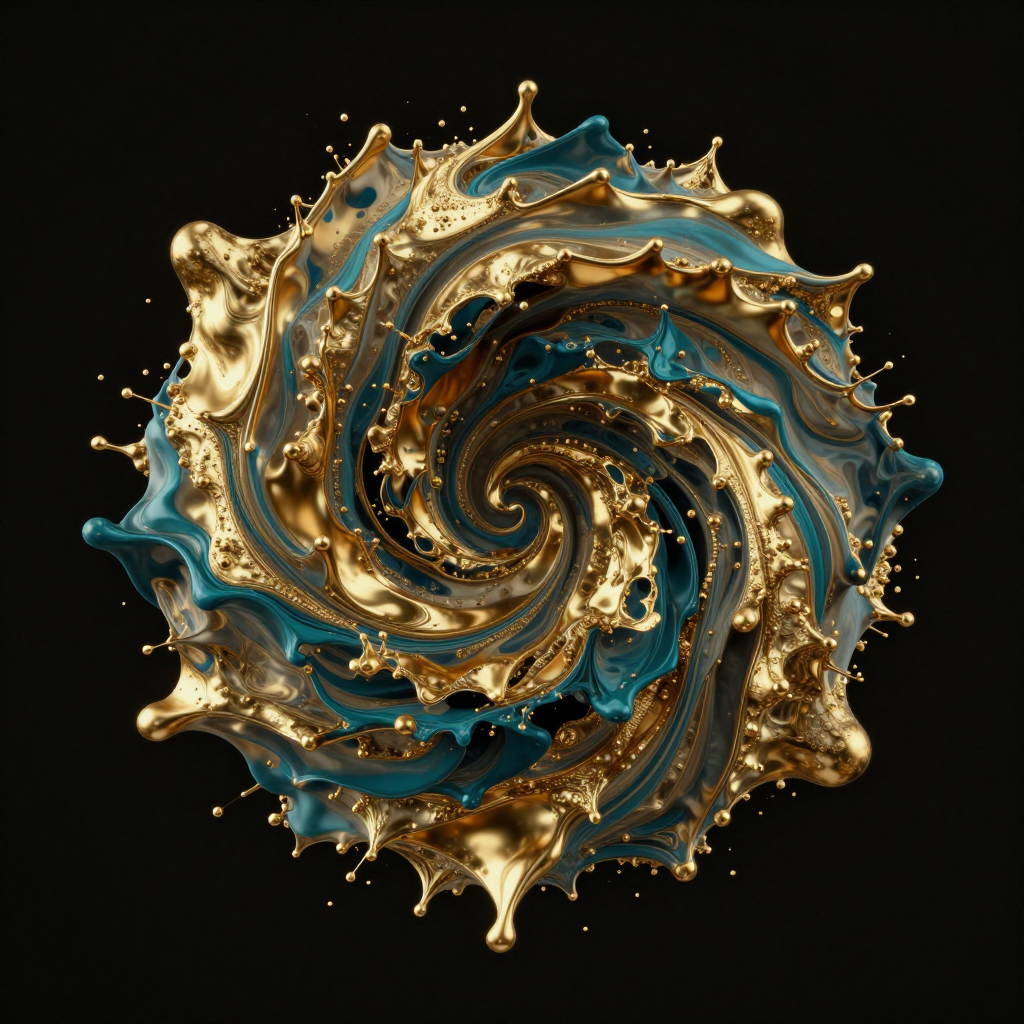 Abstract fluid art explosion of gold and deep teal, metallic textures swirling in zero gravity, dark background, 8k render