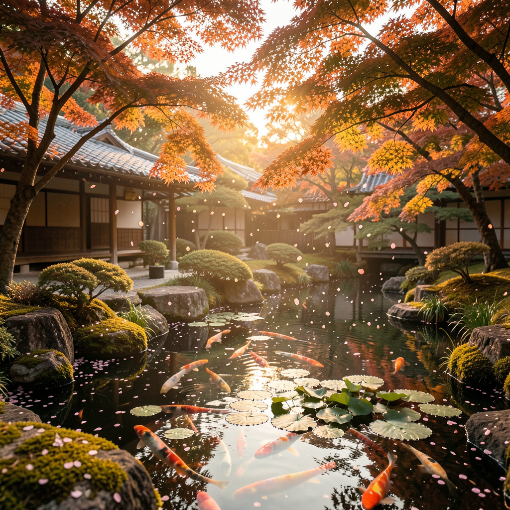 A serene Japanese garden at golden hour, koi pond with lily pads, cherry blossom petals falling, soft warm light filtering through maple trees